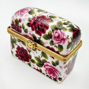 Pink Roses Porcelain Jewelry Keepsake Box Gold Hinged Trim Floral Chintz China